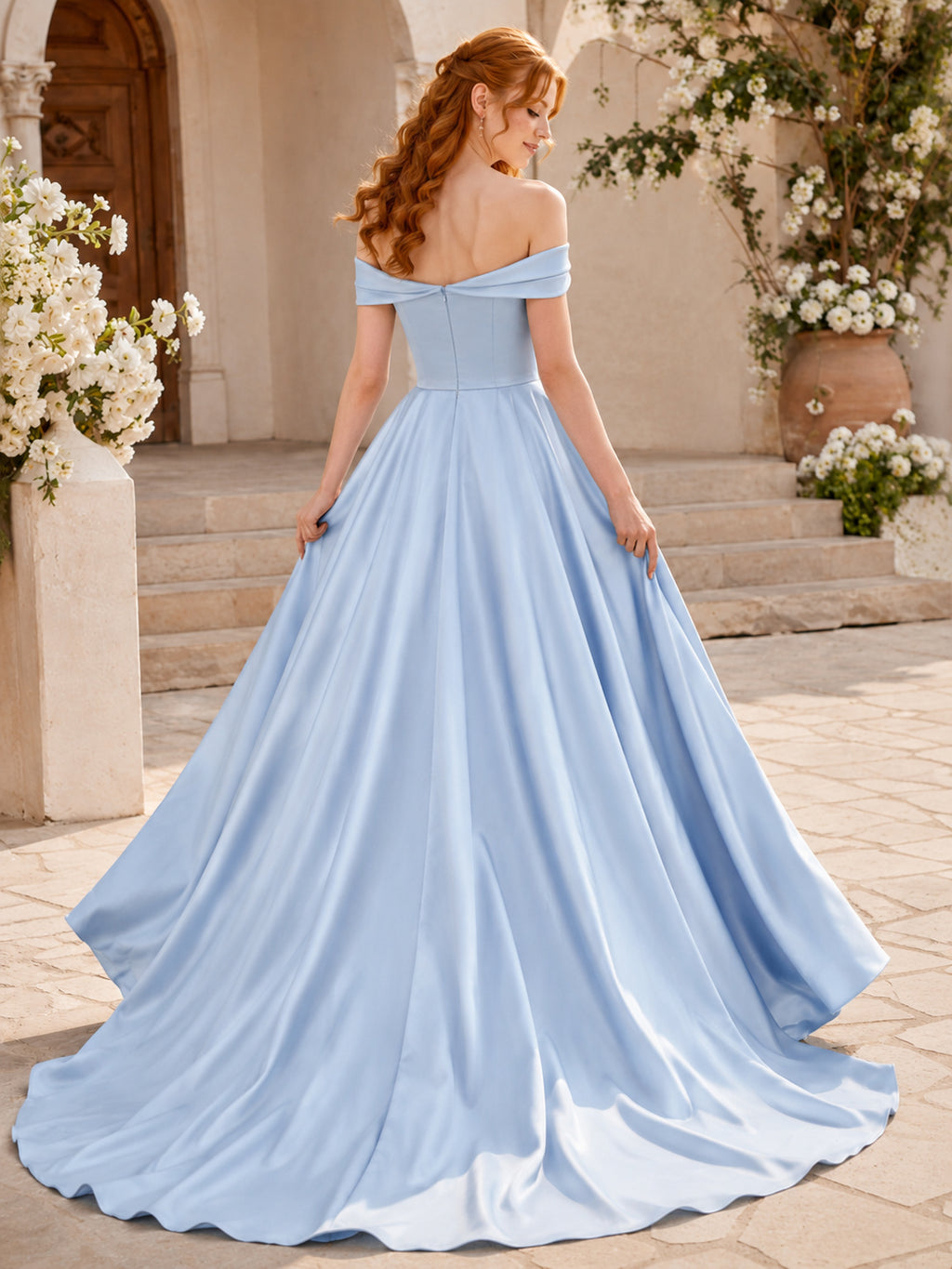 Sky Blue Off Shoulder Satin A Line Wedding Gown back view