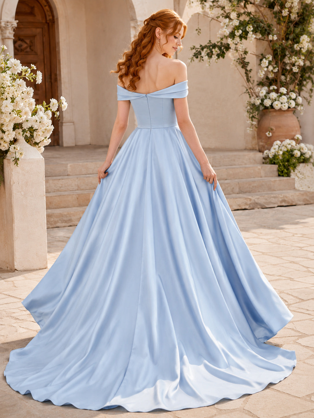 Sky Blue Off Shoulder Satin A Line Wedding Gown back view