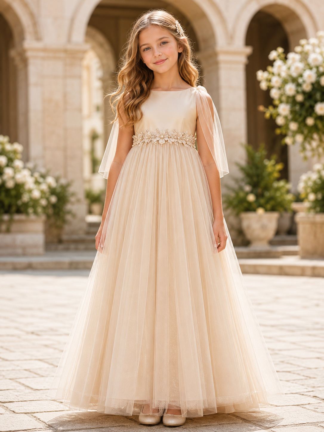 Champagne Draped Tulle Illusion Sleeve A-Line Floor-Length Floral Elegant Flower Girl Garden Dress front view