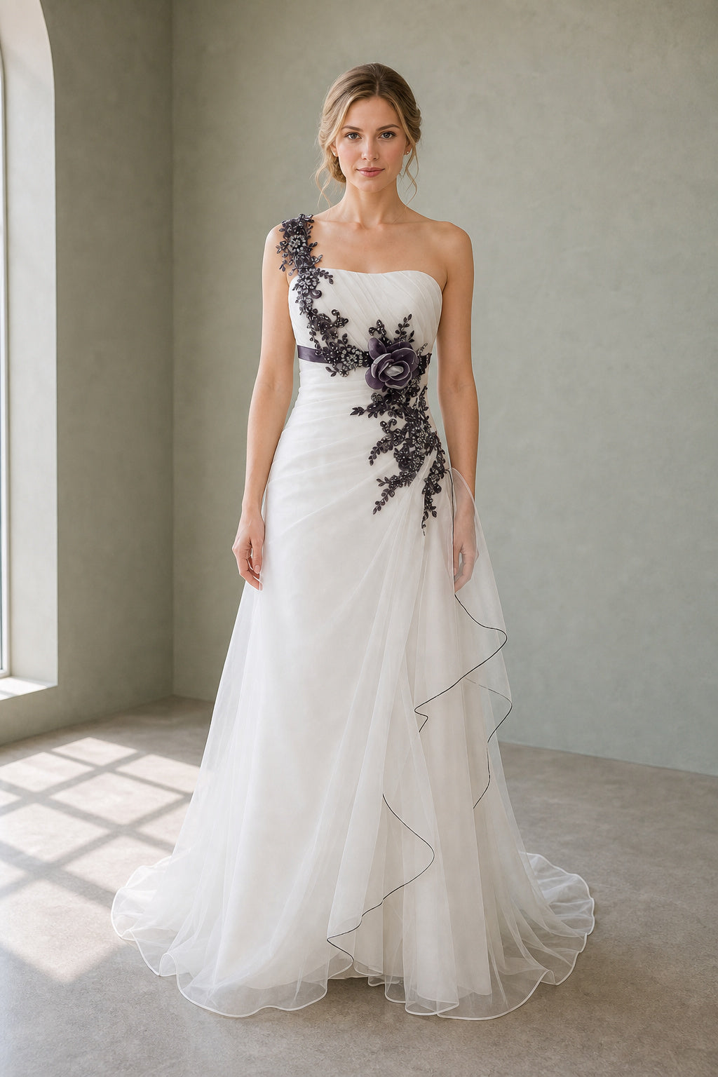 White and Black One-shoulder A-Line Tulle Floor-length Formal Dress With Black Appliques and Ruffles