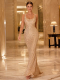 Champagne Spaghetti Beaded Open Back Mermaid Gown front view