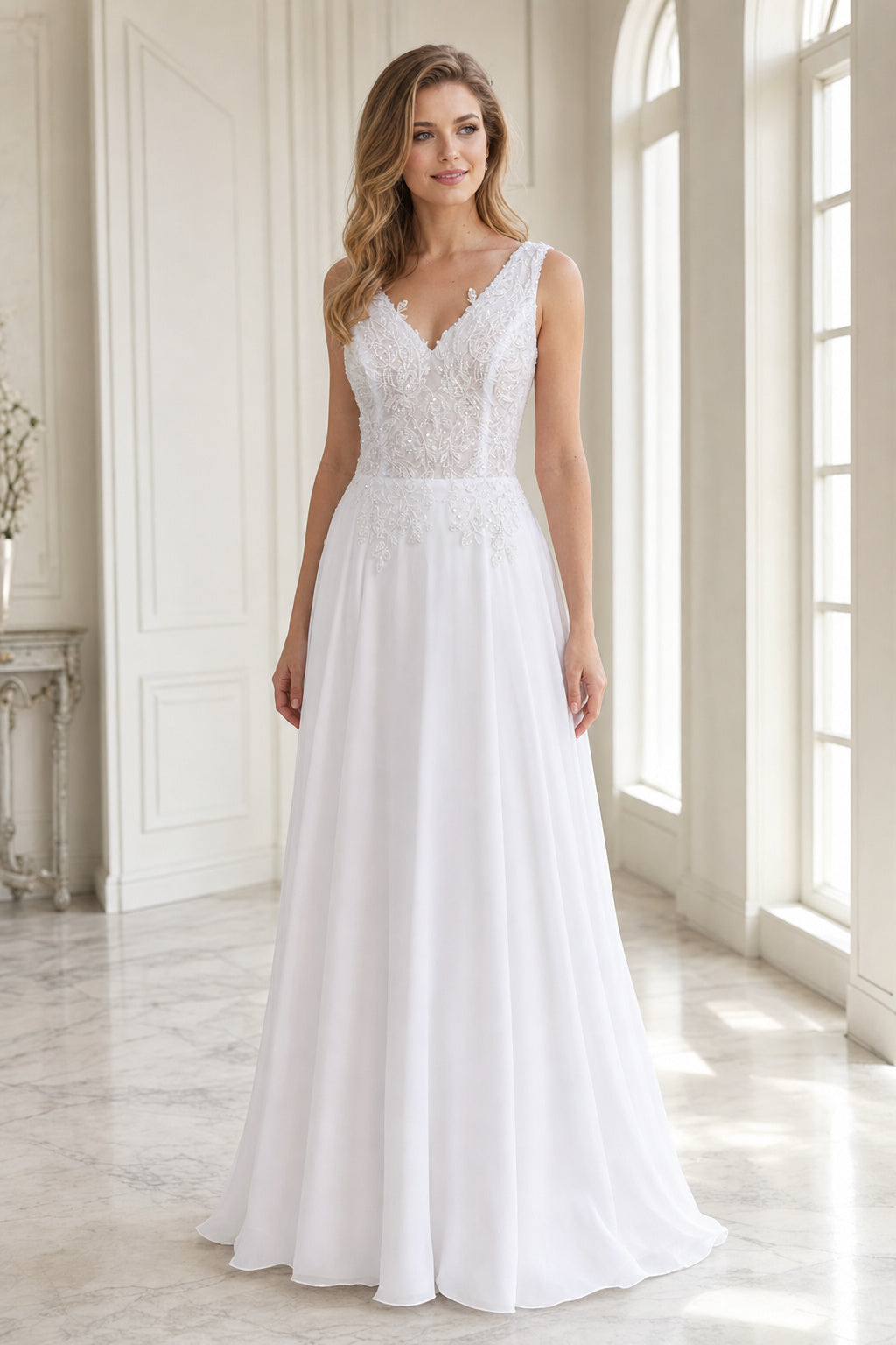 White V-neck Long Sleeves Mermaid Lace Floor-length Wedding Dress With Lace and Sweep Train