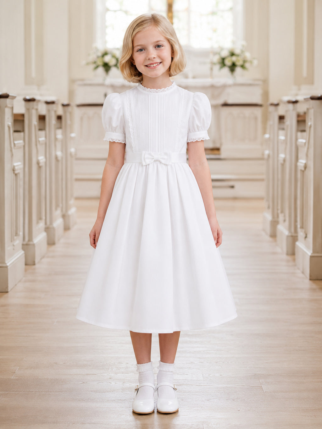 1960s High Neck Puff Sleeve Modest Communion Tea Dress front view