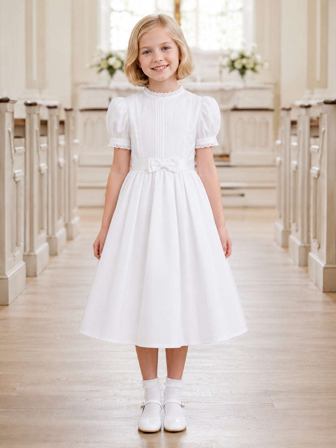 1960s High Neck Puff Sleeve Modest Communion Tea Dress front view