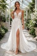 Ivory Spaghetti Strap Lace A-Line Wedding Dress with High Slit and Train front view