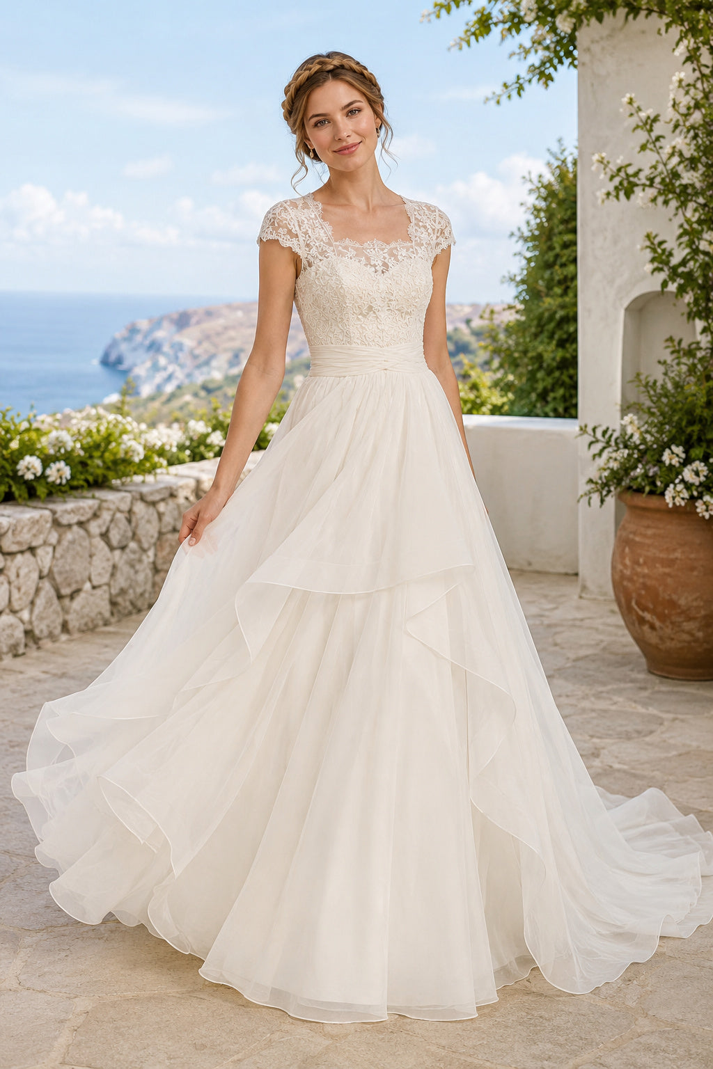 Bateau Cap Sleeve A-Line Wedding Dress with Layered Tulle Skirt and Sweep Train for Beach Garden Ceremony front view