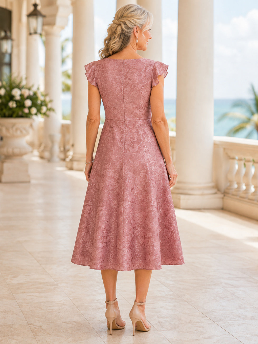 Dusty Rose Romantic Tea-Length A-Line Mother of the Bride Jacquard Dress with Scoop Neck and Flutter Cap Sleeves back view