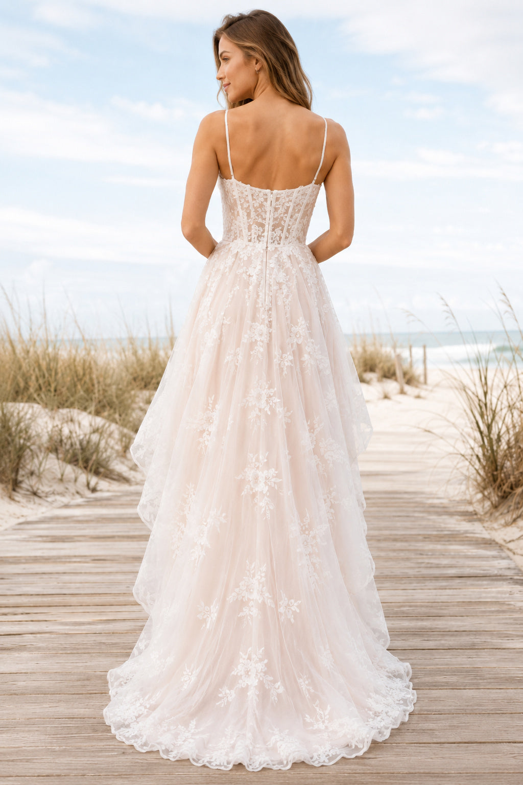 Blushing Pink Spaghetti Strap High-Low Lace Wedding Dress with Tulle Train for Garden Reception back view