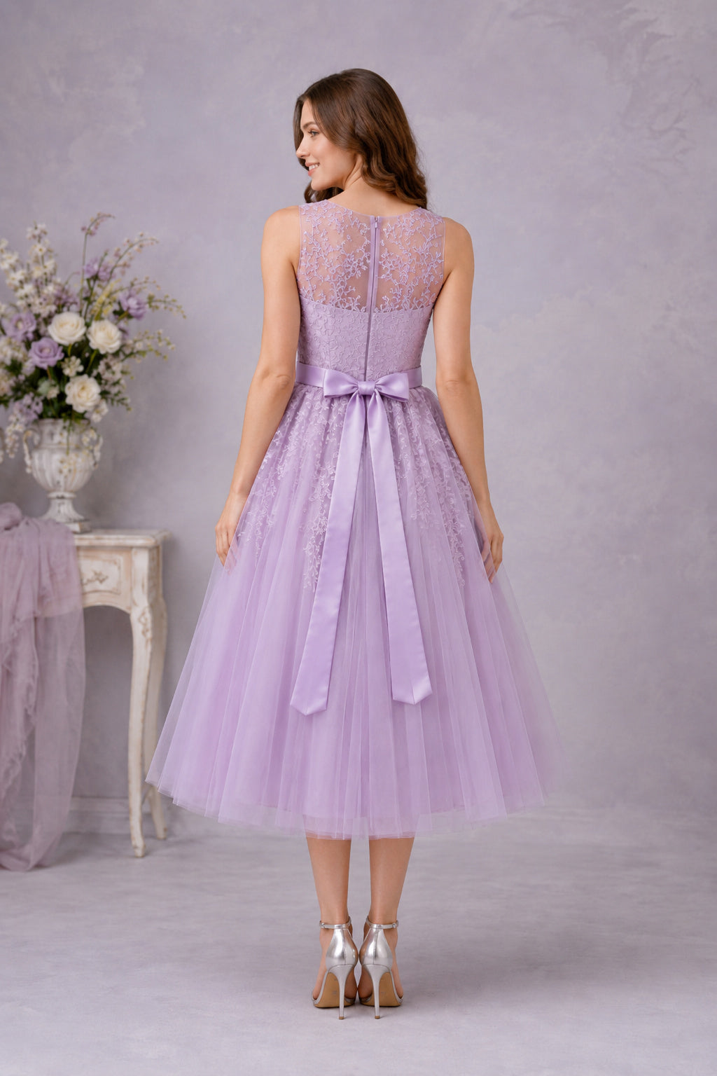 Lavender Sleeveless Lace Bodice with Bow Back and Tulle Skirt Tea Length A-Line Homecoming Dress back view