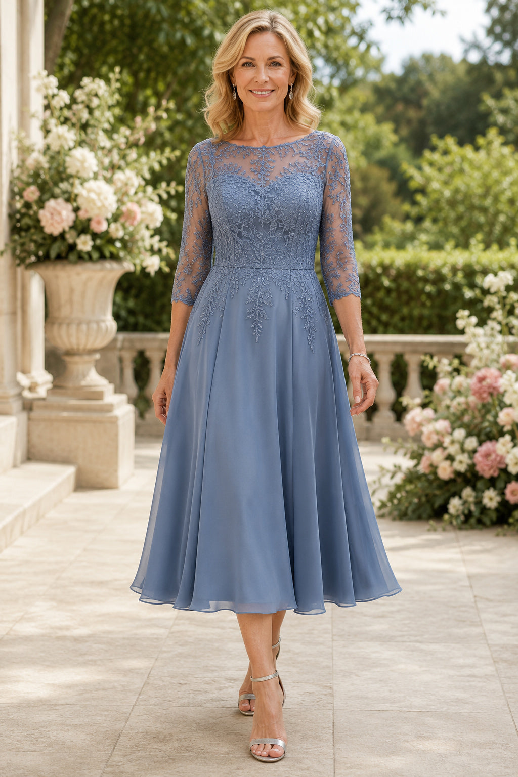 Steel Blue Tea Length Chiffon A-Line Mother Dress with Lace Illusion Sleeves front view