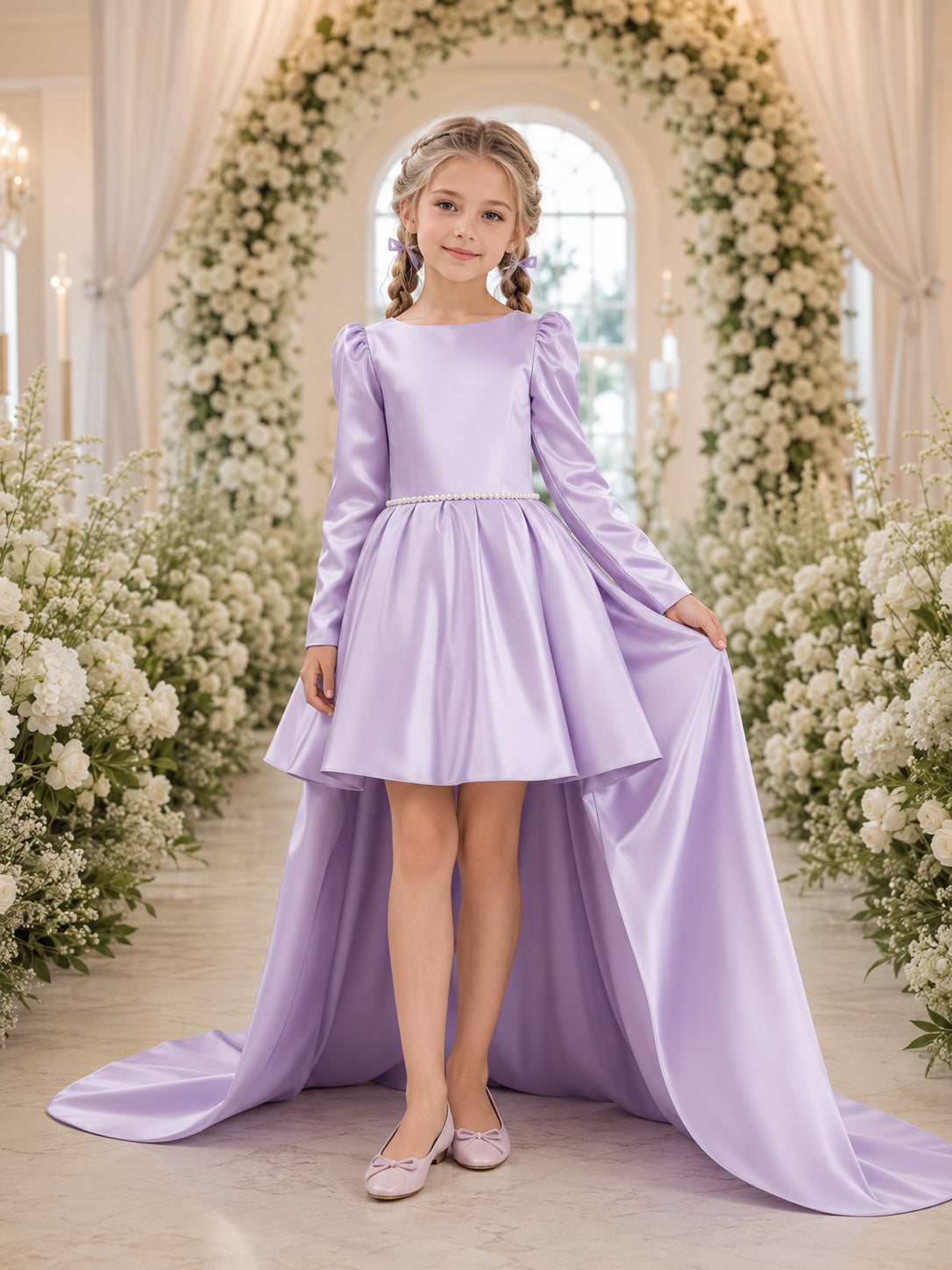 Flower Girl Dress Lavender Satin A-Line Long Sleeve Scoop High low Sash Detail front view
