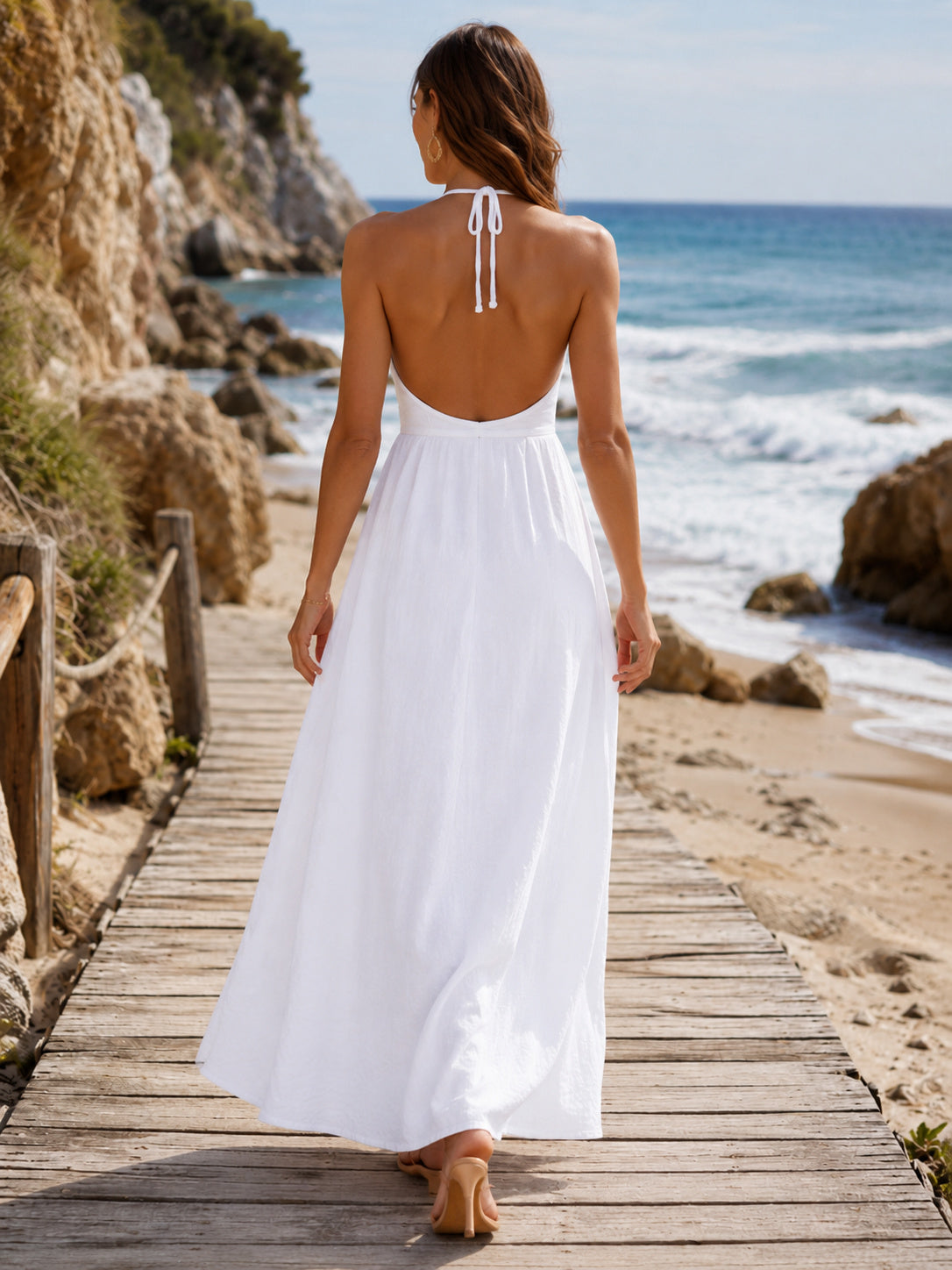 White Halter Tie Neck Linen Beach Vacation Maxi Dress back view