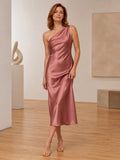 Pearl Pink One Shoulder Pleated Satin Midi Guest Dress front view