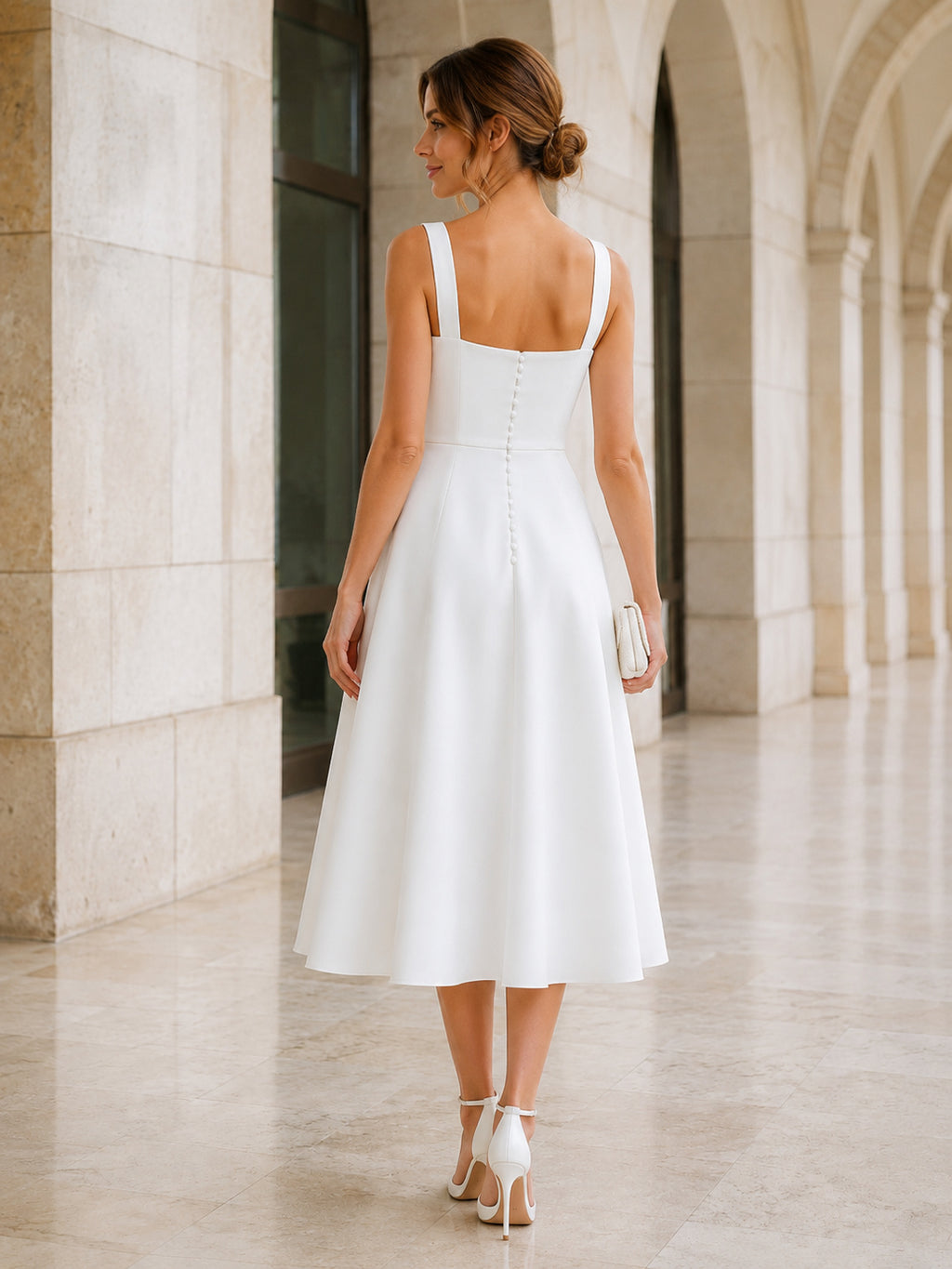 Polished Civil Satin A Line Square Neck Straps Tea Length Wedding Dress back view