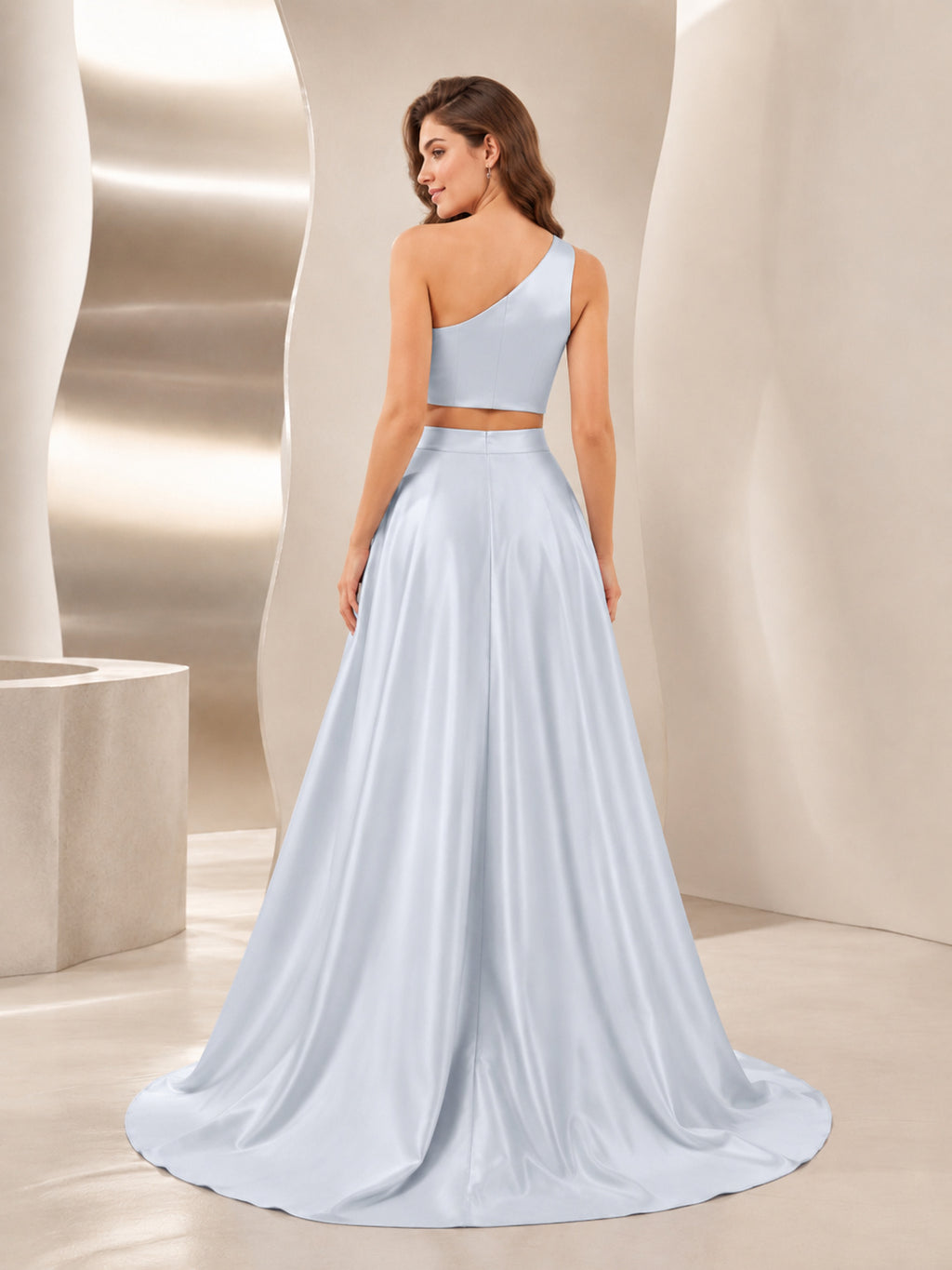 Two Piece Sky Blue One Shoulder Satin A-Line Formal Wedding Dress back view