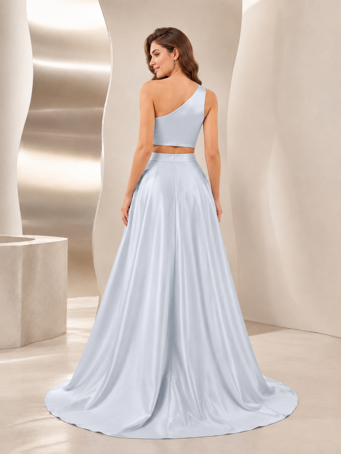 Two Piece Sky Blue One Shoulder Satin A-Line Formal Wedding Dress back view