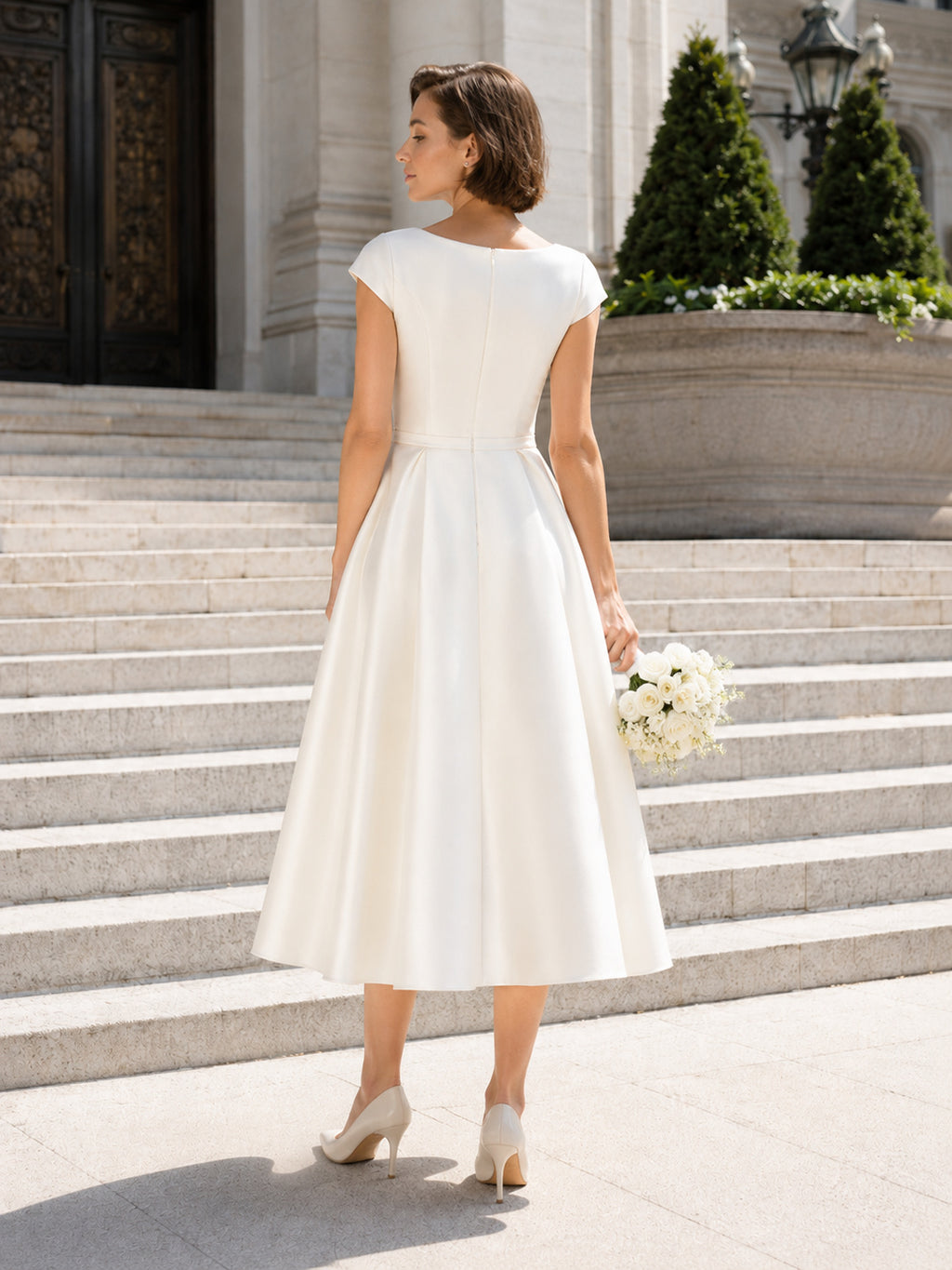 Cap Sleeve Bateau Satin Courthouse Bridal Midi Dress back view