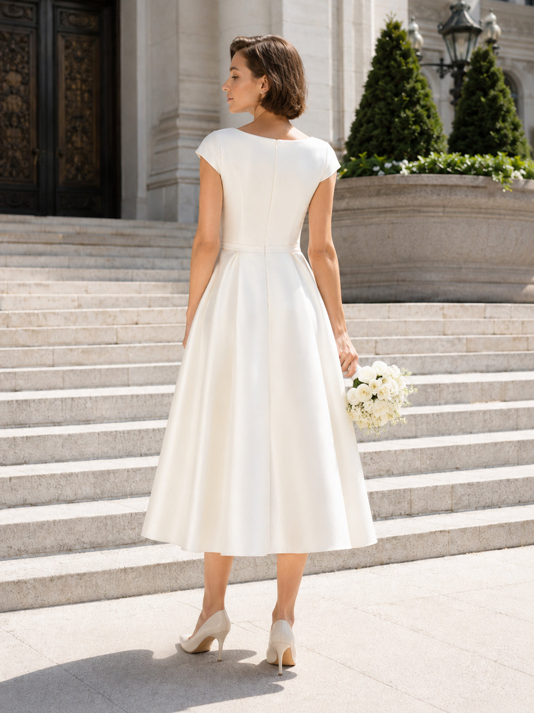 Cap Sleeve Bateau Satin Courthouse Bridal Midi Dress back view
