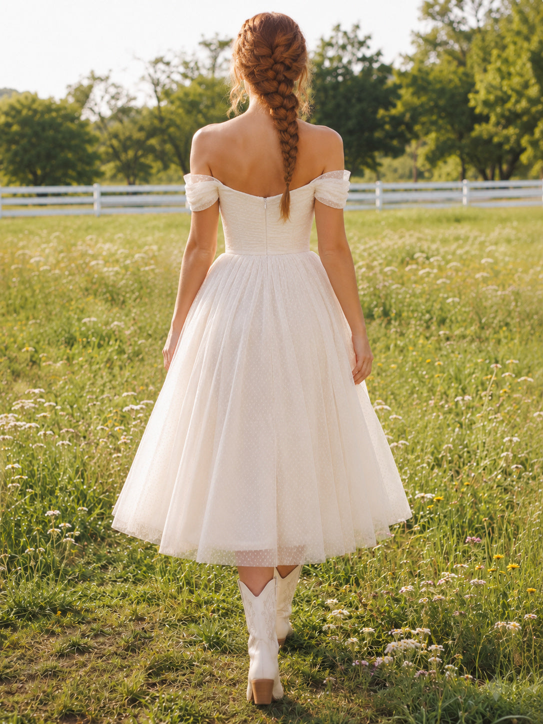 Romantic Tulle Tea-Length A-Line Off Shoulder Wedding Dress Casual Adorable Off-the-shoulder back view