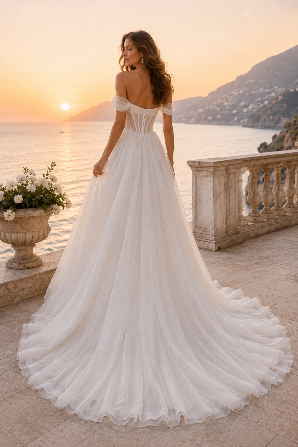 Off Shoulder Tulle A-Line Wedding Dress with Corset Bodice back view
