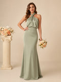 Sage halter cowl neck satin sheath bridesmaid gown front view
