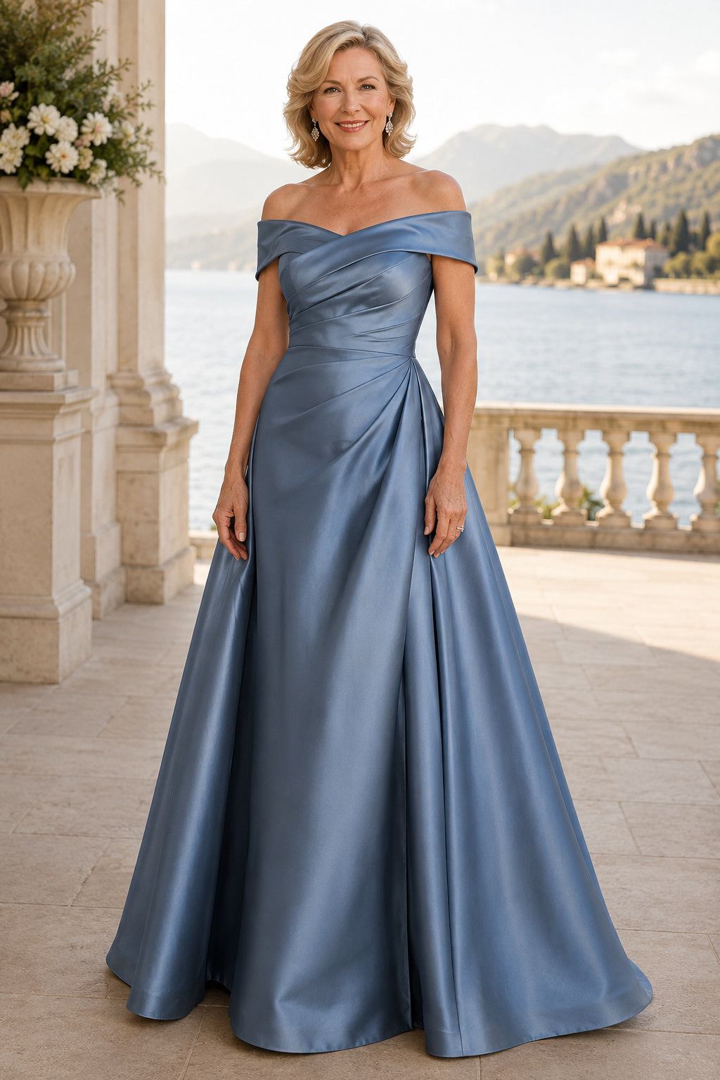 Steel Blue Off Shoulder Satin A-Line Mother Dress with Pleated Bodice and Full Skirt Style 101585 front view