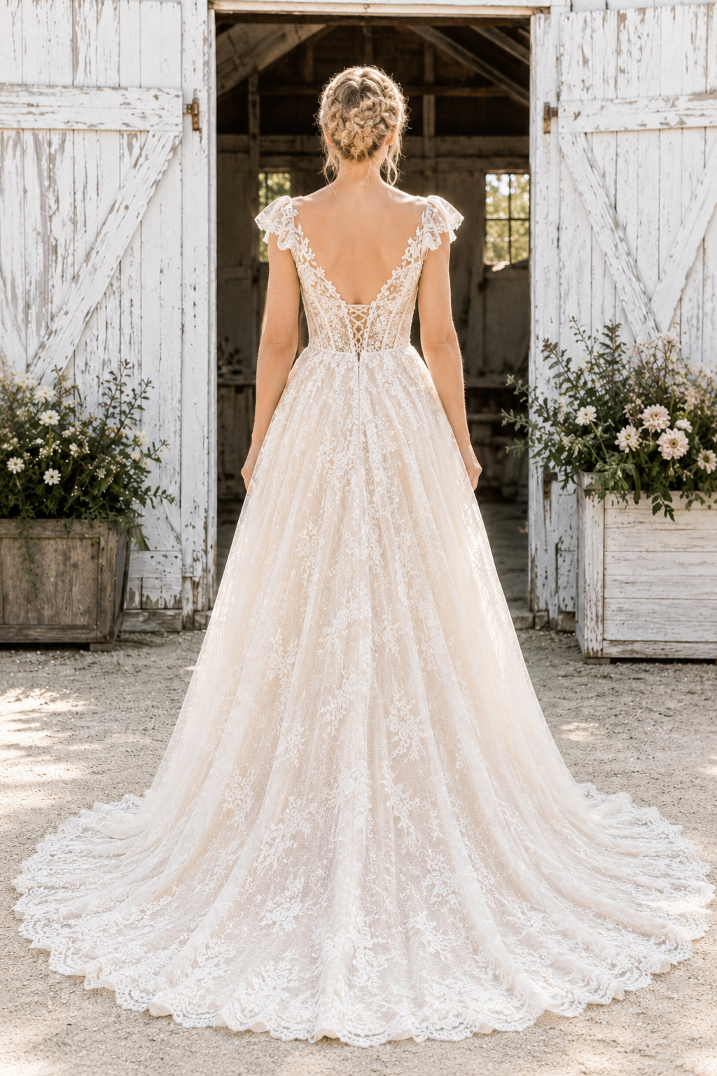 Cap Sleeve A-Line Wedding Dress with Deep V-Neck Lace Bodice and Sweep Train for Rustic Garden Ceremony back view