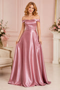 Blushing Pink Off-the-Shoulder Satin A-Line Prom Dress with Full Floor-Length Skirt front view