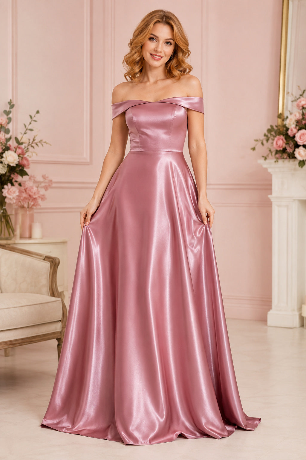 Blushing Pink Off-the-Shoulder Satin A-Line Prom Dress with Full Floor-Length Skirt front view