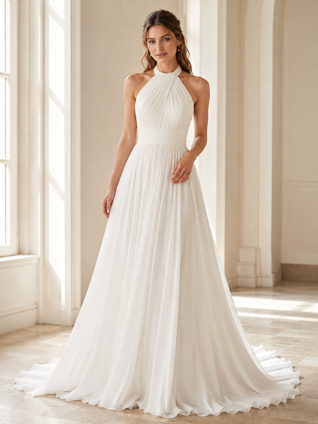 Beach Chiffon Wedding Dress A-Line Halter Sleeveless Sweep Train Open Back Bridal Gown front view