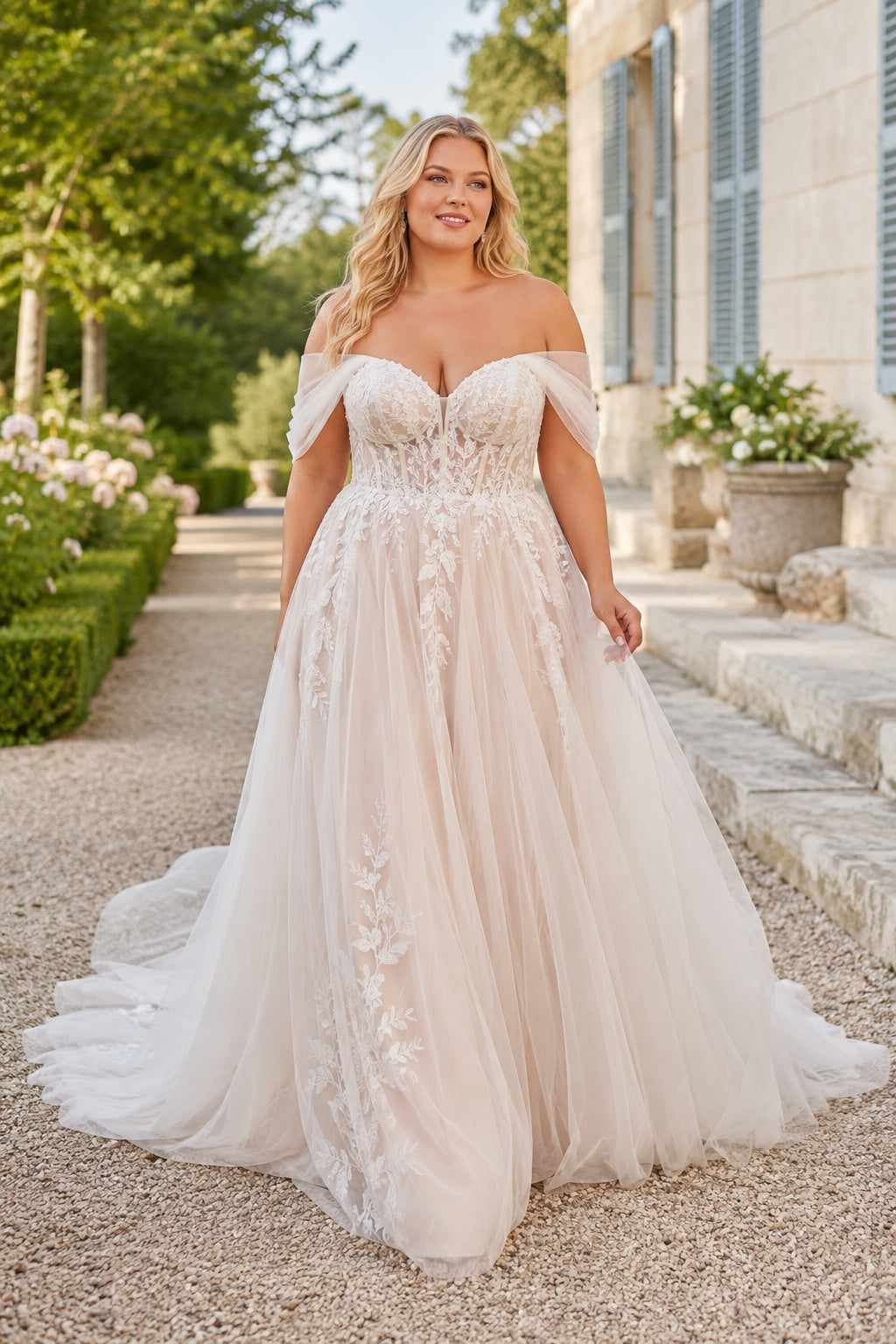 Ivory Plus Size Off-the-Shoulder Lace A-Line Wedding Dress with Applique Skirt and Train front view
