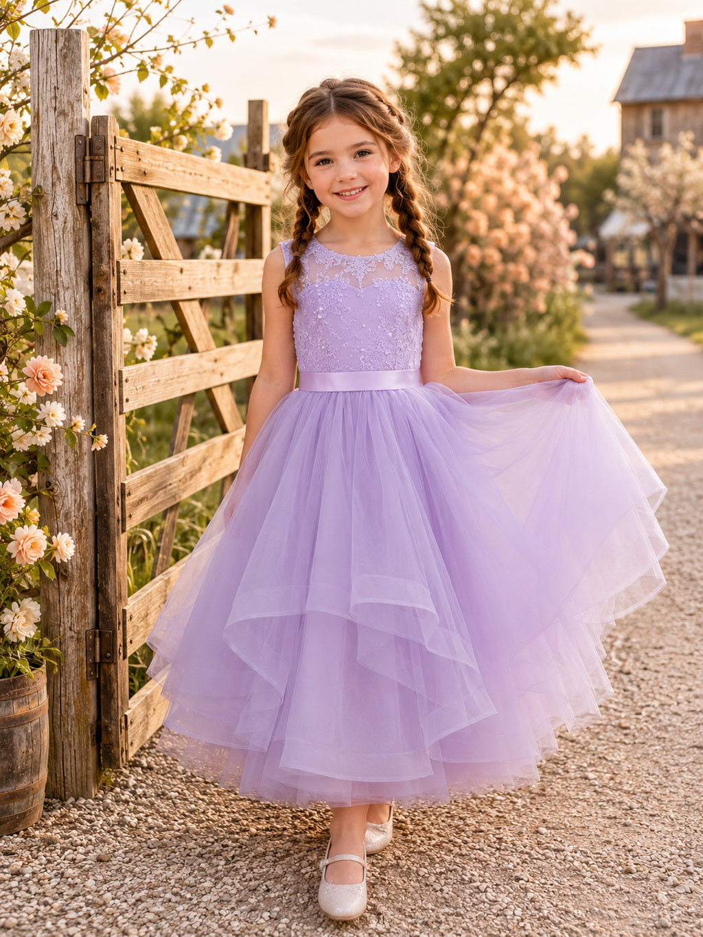 A-Line Flowergirl Lavender Tulle Floor-Length Tiered Sleeveless Farmhouse Wedding Dress front view