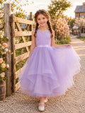A-Line Flowergirl Lavender Tulle Floor-Length Tiered Sleeveless Farmhouse Wedding Dress front view