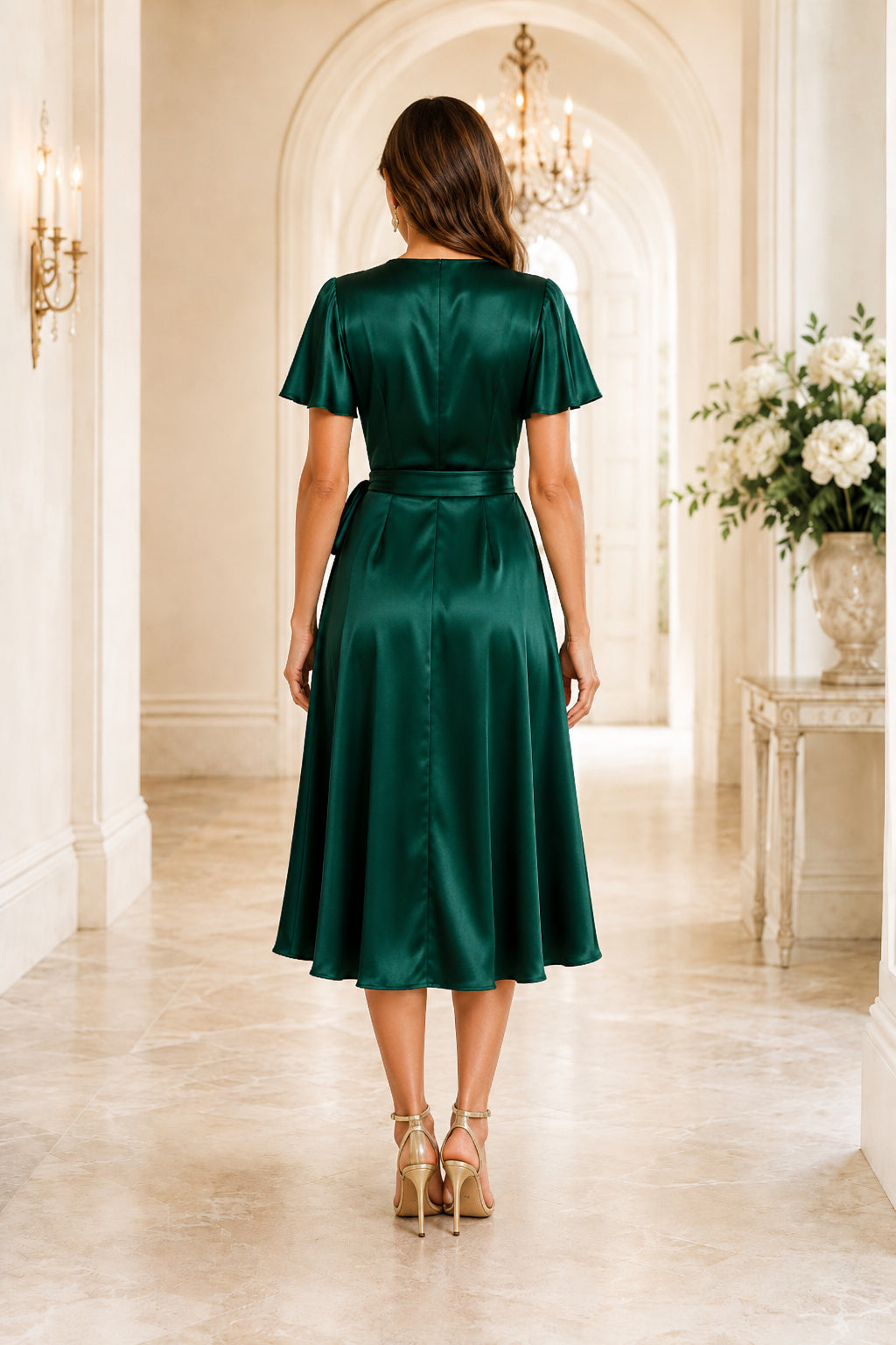 Dark Green Satin Midi Cocktail Sheath Dress back view