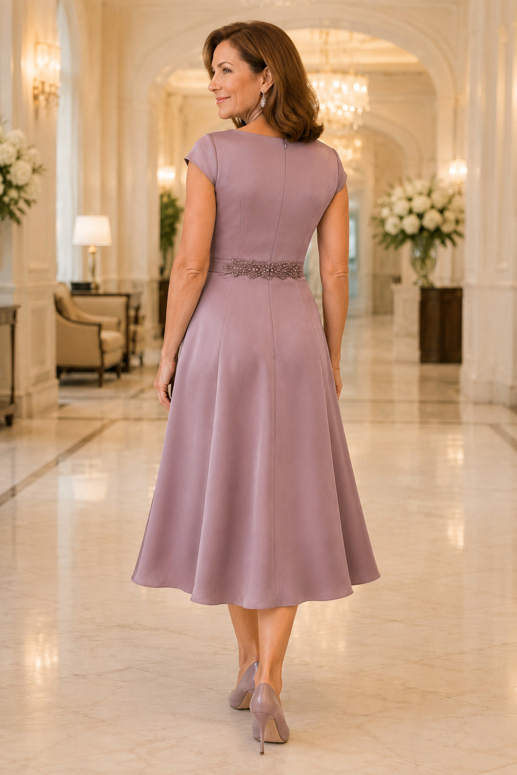 Vintage Mauve Tea-Length A-Line Mother Dress with Cap Sleeves and Beaded Waist back view