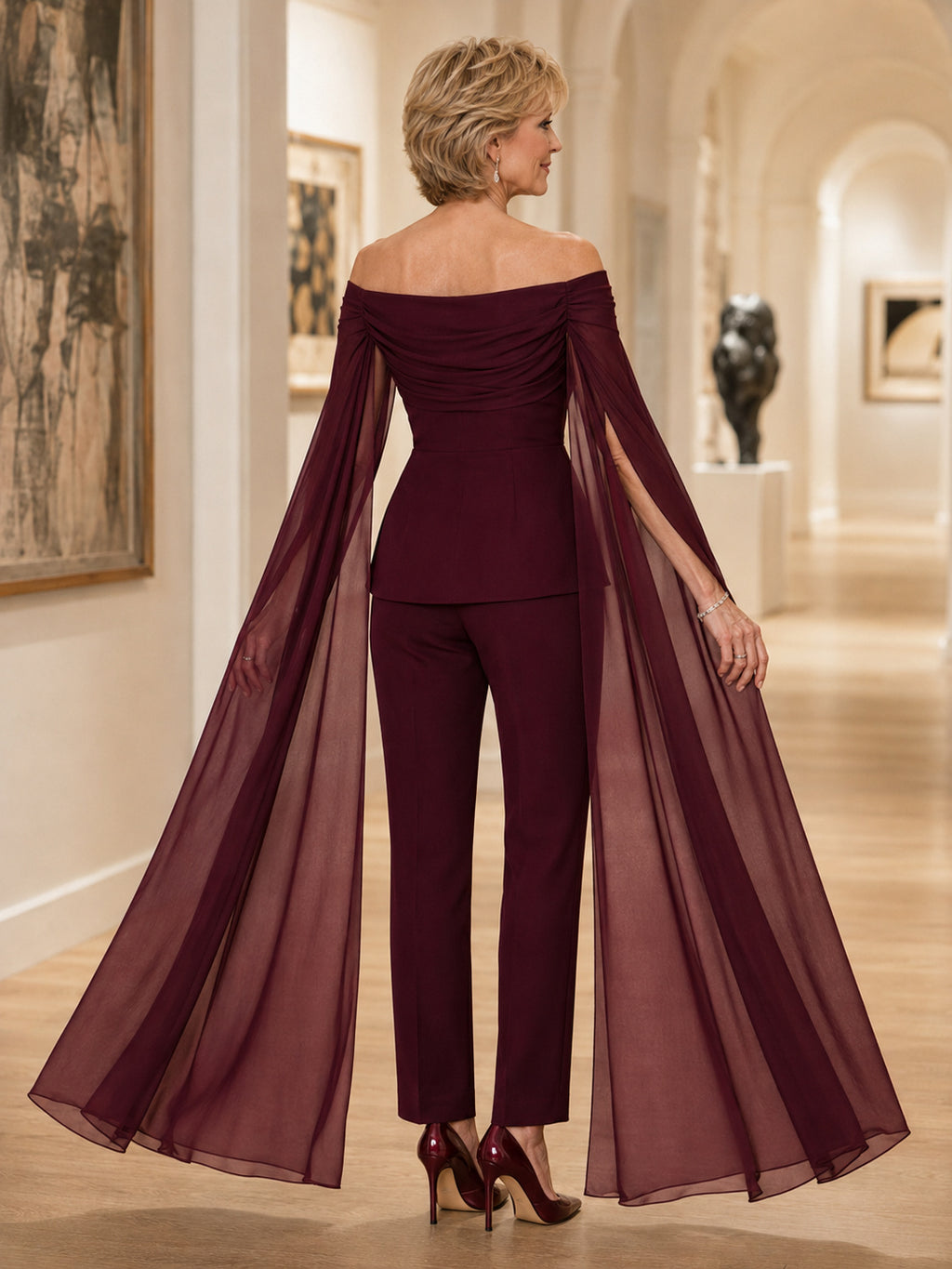 Burgundy Romantic Off-Shoulder Ruched-Peplum Tapered Mother of the Bride Pantsuit with Long Split Cape Sleeves and Ankle-Leng