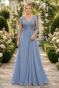 Steel Blue V-Neck A-Line Mother Dress with Illusion Sleeves and Chiffon Skirt for Evening Reception front view