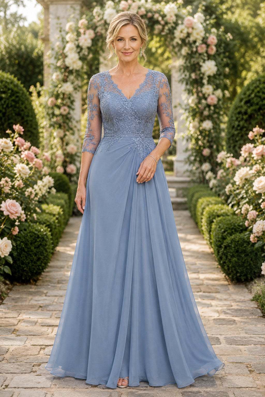 Steel Blue V-Neck A-Line Mother Dress with Illusion Sleeves and Chiffon Skirt for Evening Reception front view