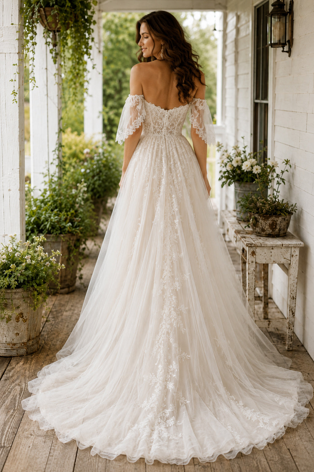 Off the Shoulder A-Line Wedding Dress with Lace Bodice and Layered Tulle Train for Rustic Garden Ceremony back view