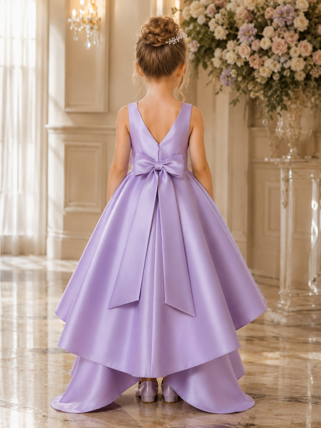 Flower Girl Dress Lavender Satin A-Line V-Neck High Low High Low Skirt Tiered Ruffle Skirt back view