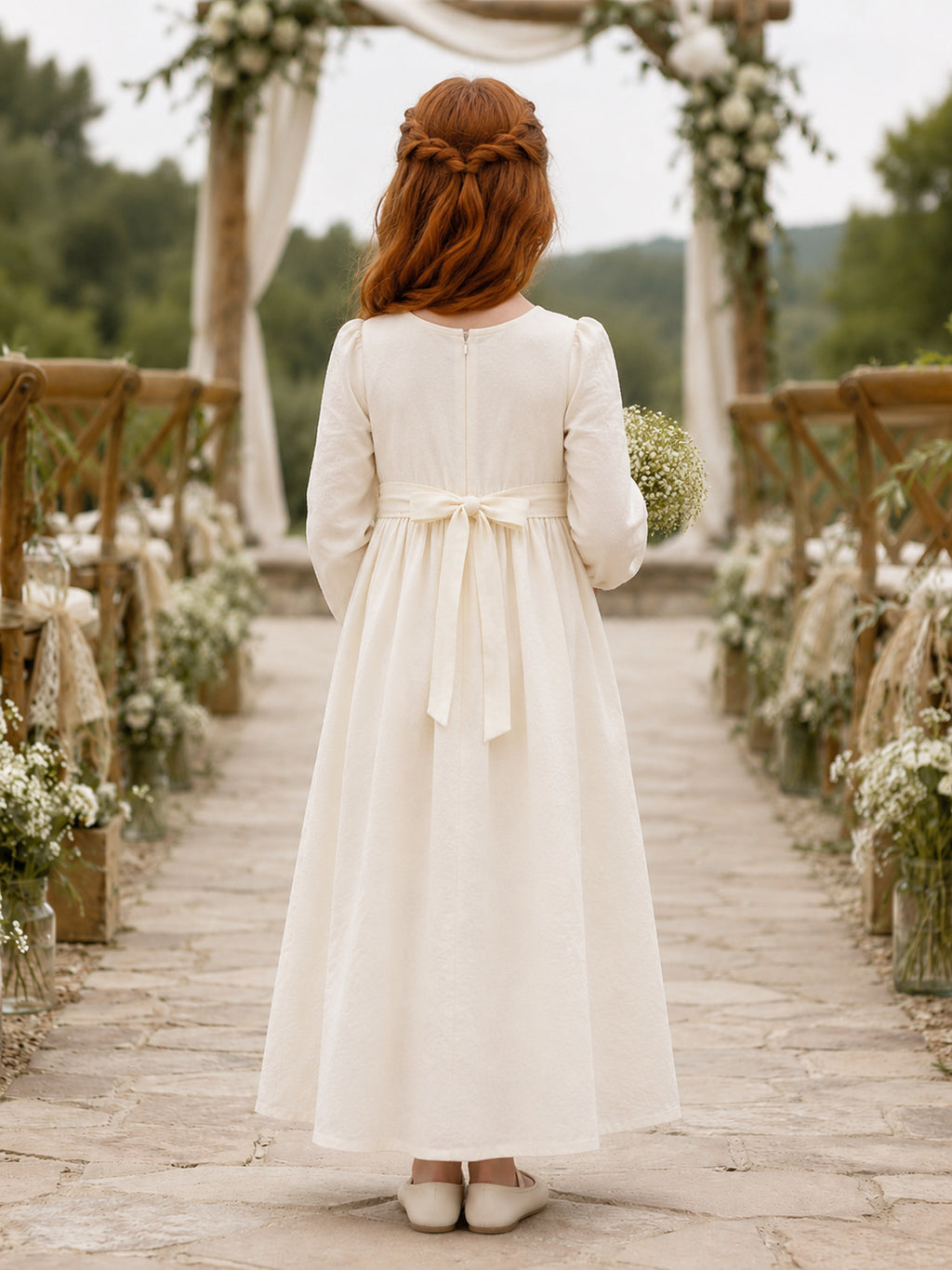 Ivory Long Sleeve Floral Bow Satin A-Line Flower Girl Dress with Floor-Length Skirt back view