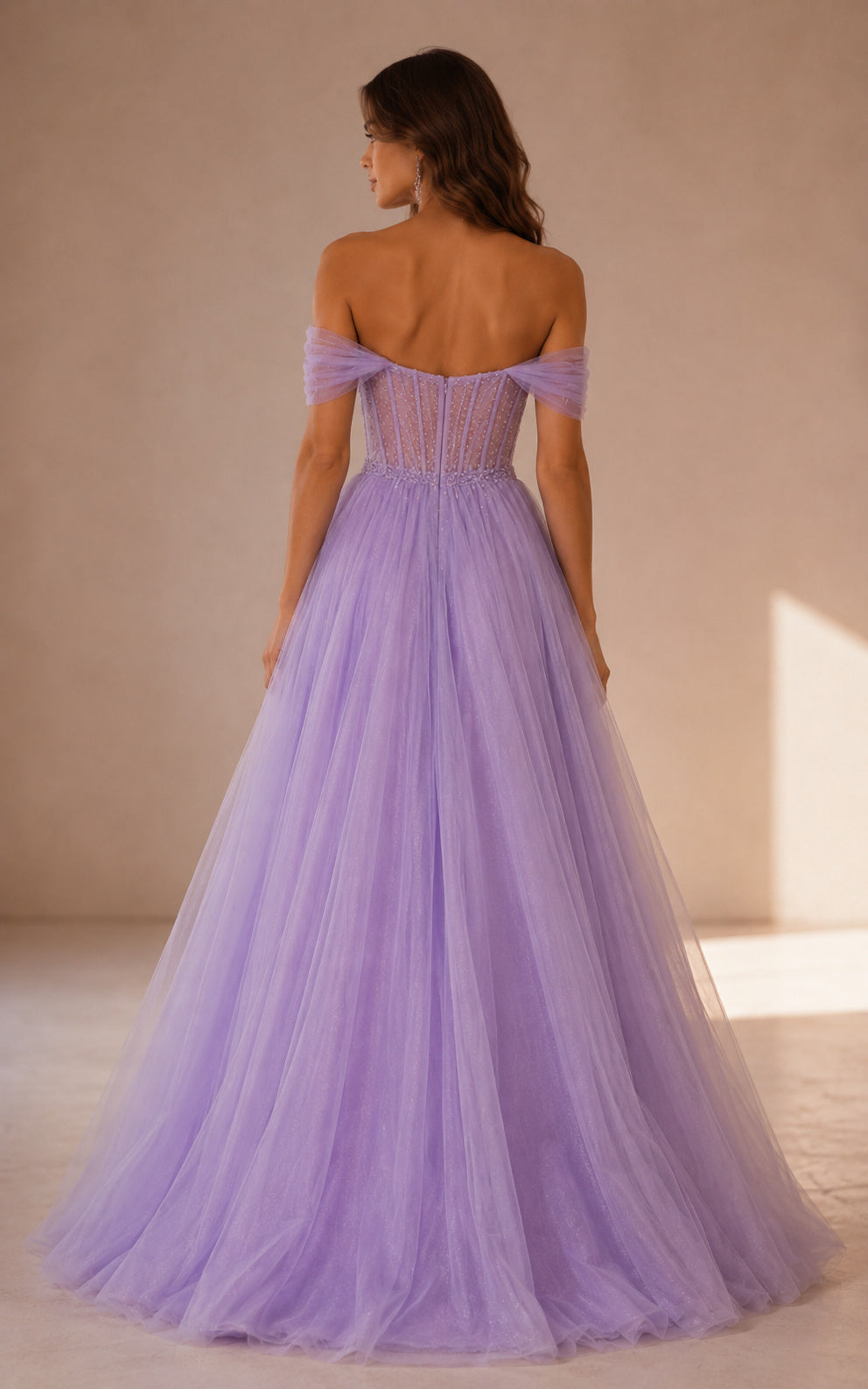 Lilac Off Shoulder Prom Gown with Flowing Tulle Skirt and Beaded Corset Bodice back view