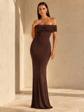 Chocolate Off Shoulder Foldover Floor Length Sheath Evening Dress front view