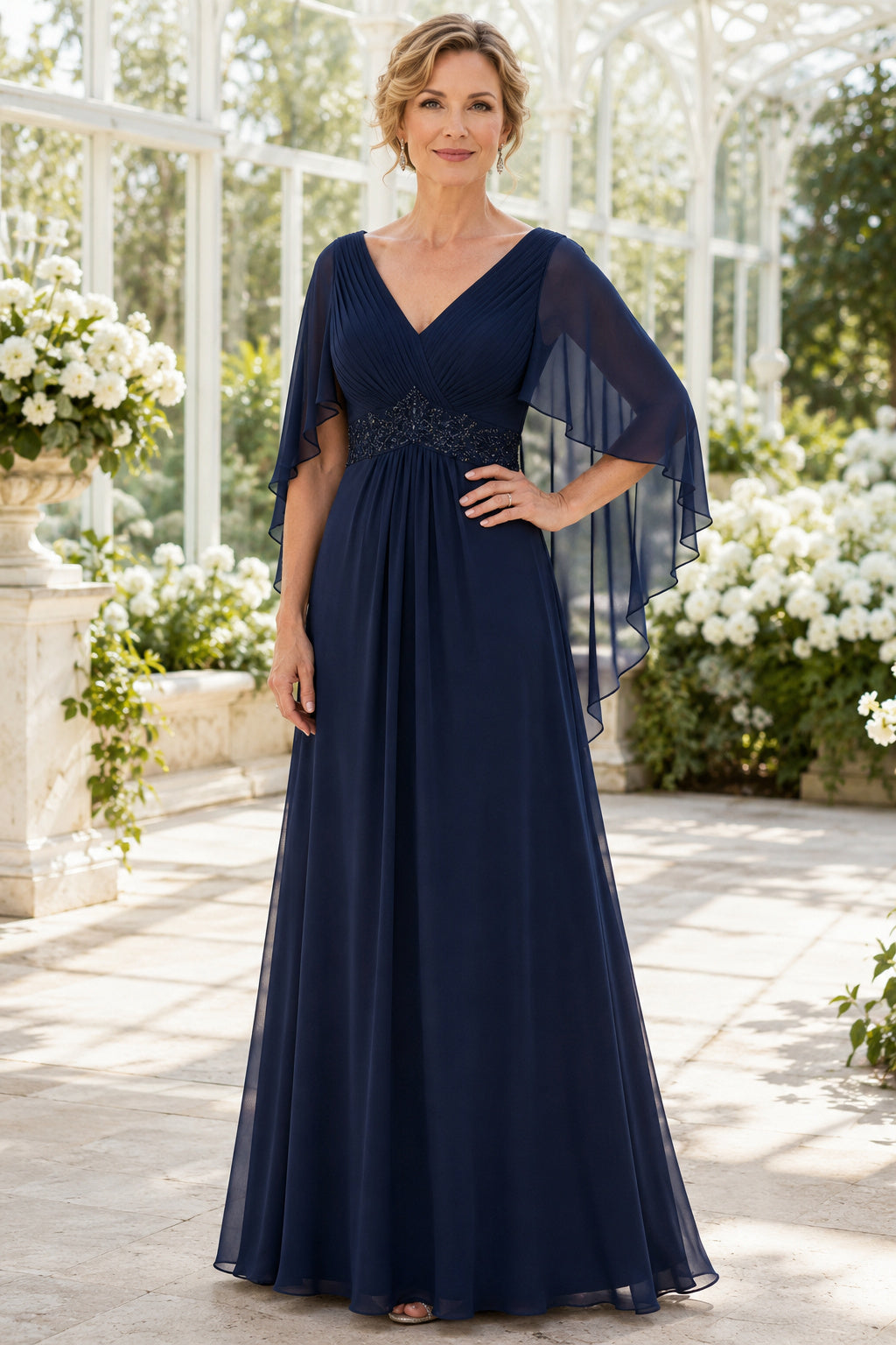 Dark Navy V-Neck Chiffon Mother Dress with Flutter Cape Sleeves and A-Line Skirt front view