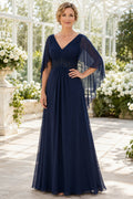 Dark Navy V-Neck Chiffon Mother Dress with Flutter Cape Sleeves and A-Line Skirt front view