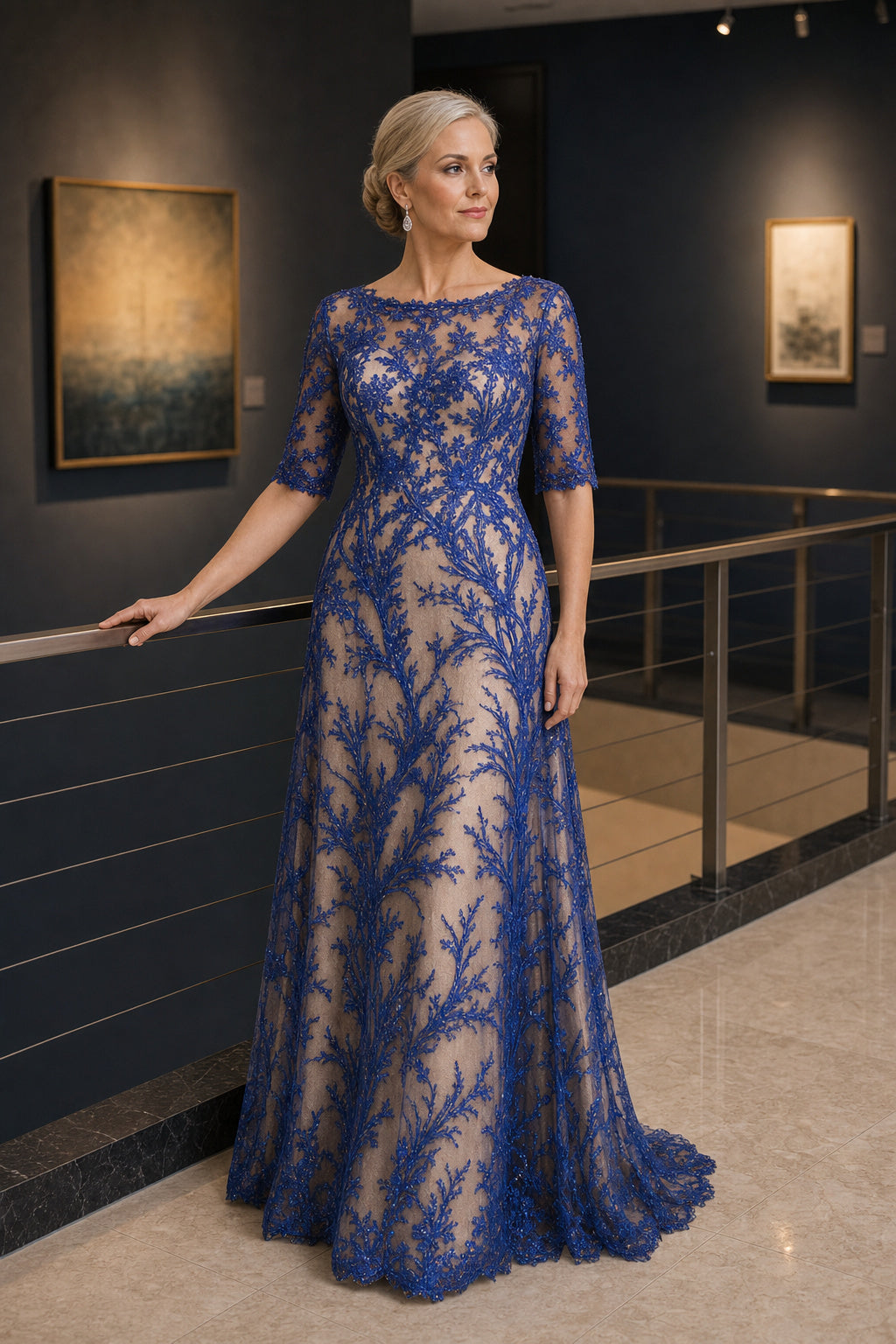Navy Bateau Short Sleeve Sheath Lace Floor-Length Dress With Sheer Lace Overlay