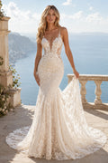 Champagne Sexy Spaghetti Neck Mermaid Champagne Lace Wedding Dress with Spaghetti Straps and Chapel Train Style MG_701397 fro