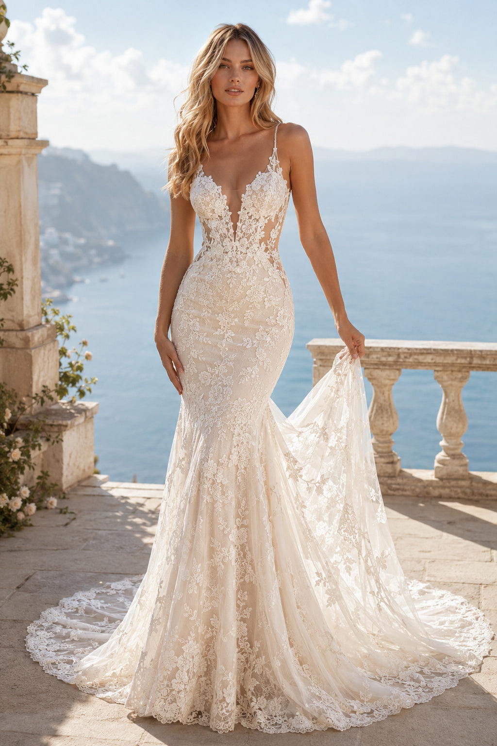 Champagne Sexy Spaghetti Neck Mermaid Champagne Lace Wedding Dress with Spaghetti Straps and Chapel Train Style MG_701397 fro