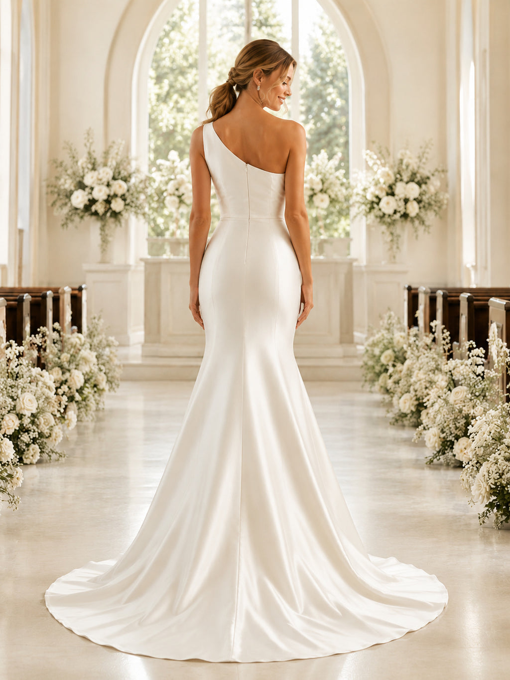 Minimalist Satin Wedding Dress Mermaid One Shoulder Sleeveless Court Train Bridal Gown back view