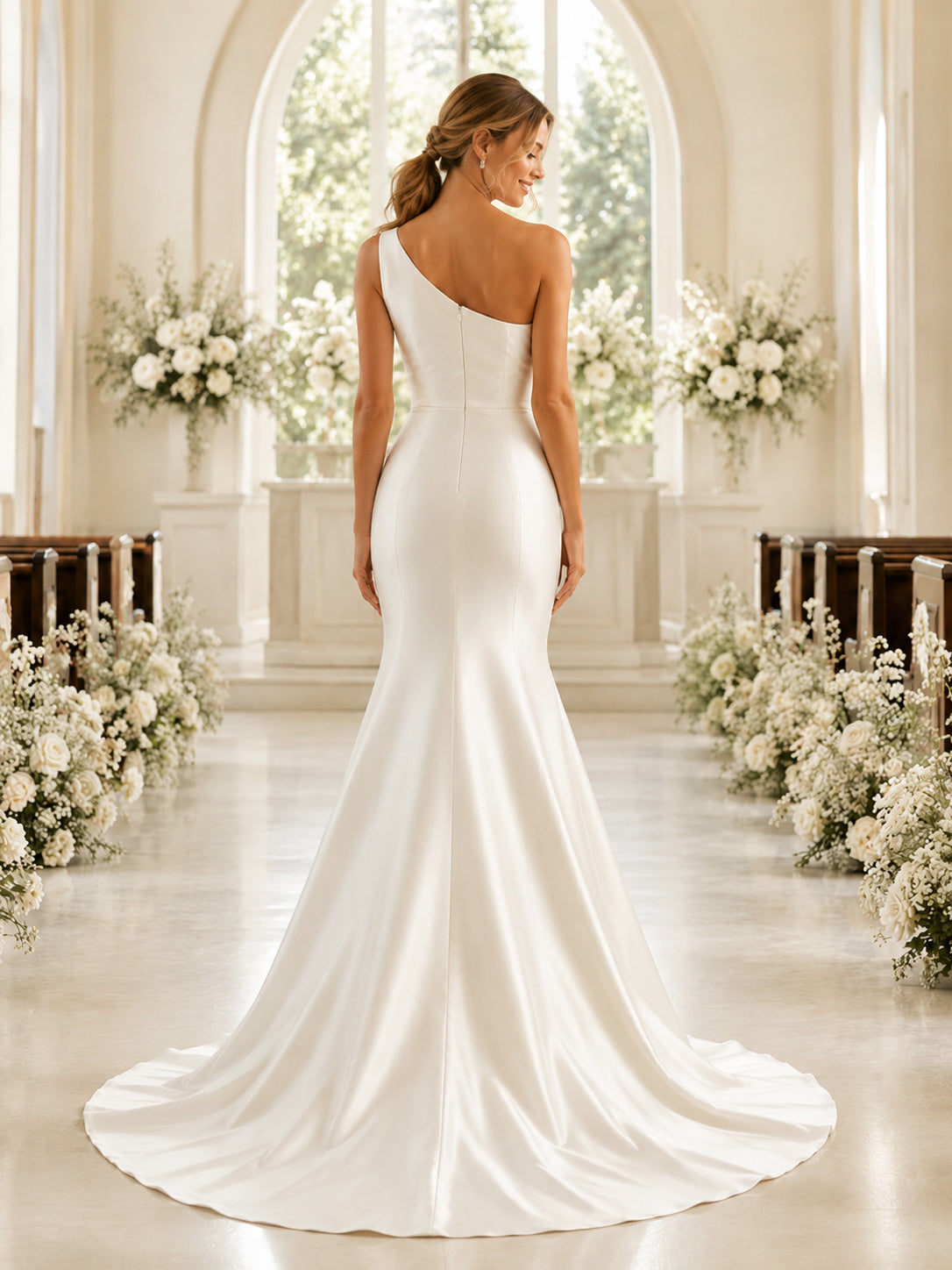 Minimalist Satin Wedding Dress Mermaid One Shoulder Sleeveless Court Train Bridal Gown back view